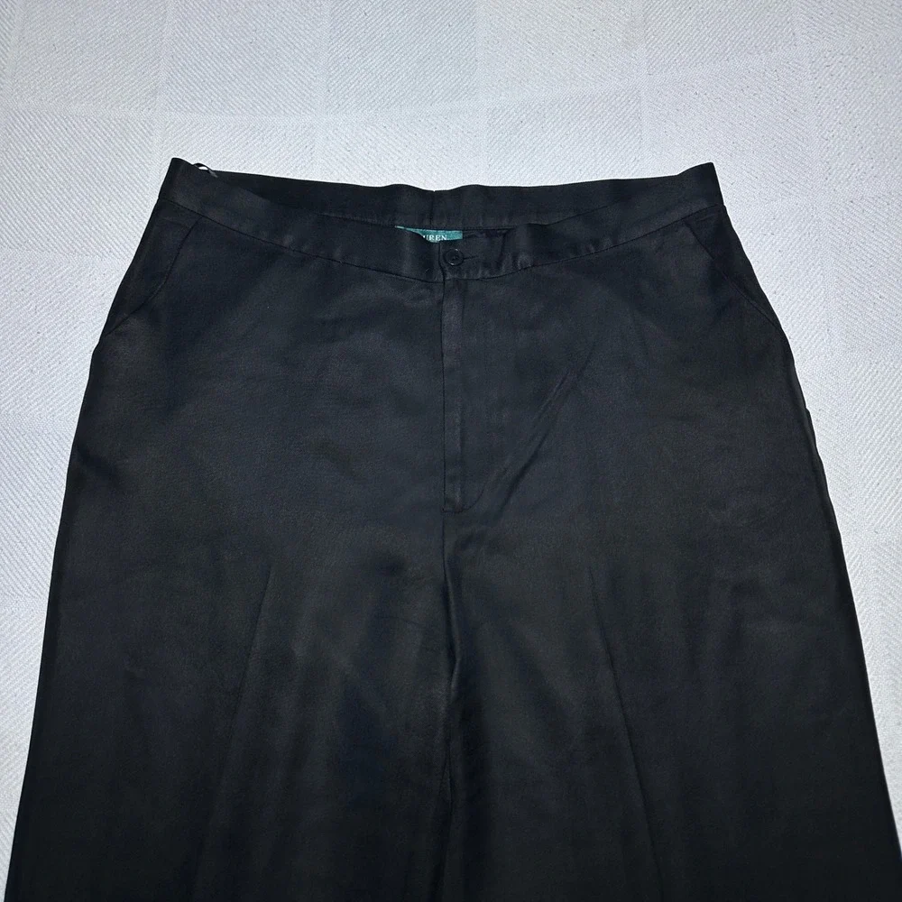 Lauren Ralph Lauren Wide Leg Trousers Women 14 100% Silk High Rise Lined Black